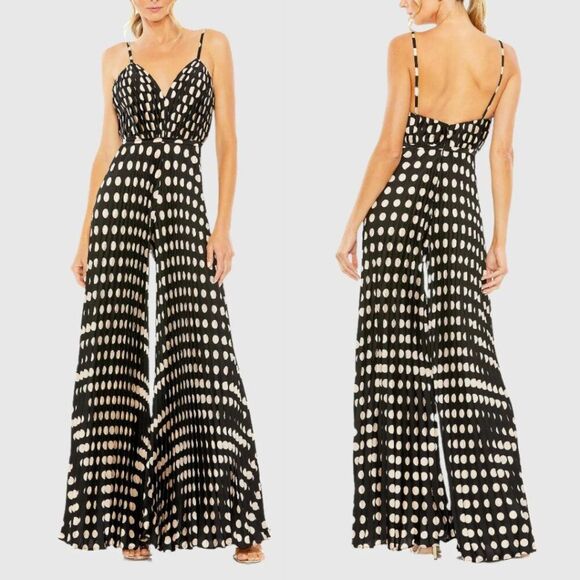 Mac Duggal 27145 Size 0 Black White Polka Dot Pleated‎ Charmeuse V-Neck Jumpsuit - Picture 3 of 3